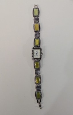 Geneva Ladies Quartz Watch Rectangular Case Green Stone Link Bracelet