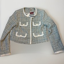 Olivaceous Women  s Medium Blue White Tweed Cropped Jacket