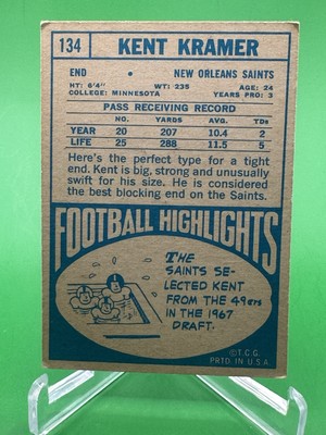 KENT KRAMER 1968 Topps #134 - EX - Saints | eBay