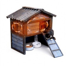 Two Story Cat House Outdoor Wooden Feral Cat Shelter with Roof  Escape Door