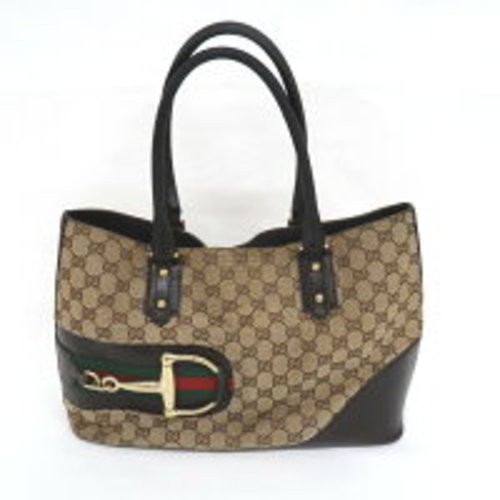 GUCCI Horsebit Tote Bag Large Beige Brown Canvas Leather Authentic