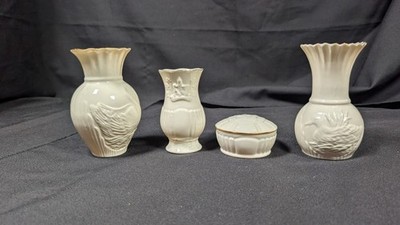 Lot of 4 Vintage Belleek Pottery Collectors Society Bud vases and Sugar box
