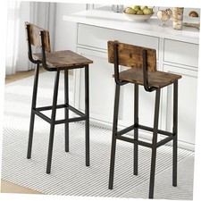 Set of 2 Bar Stools, Tall Bar Stool with Backrest and Rectangular Rustic Brown