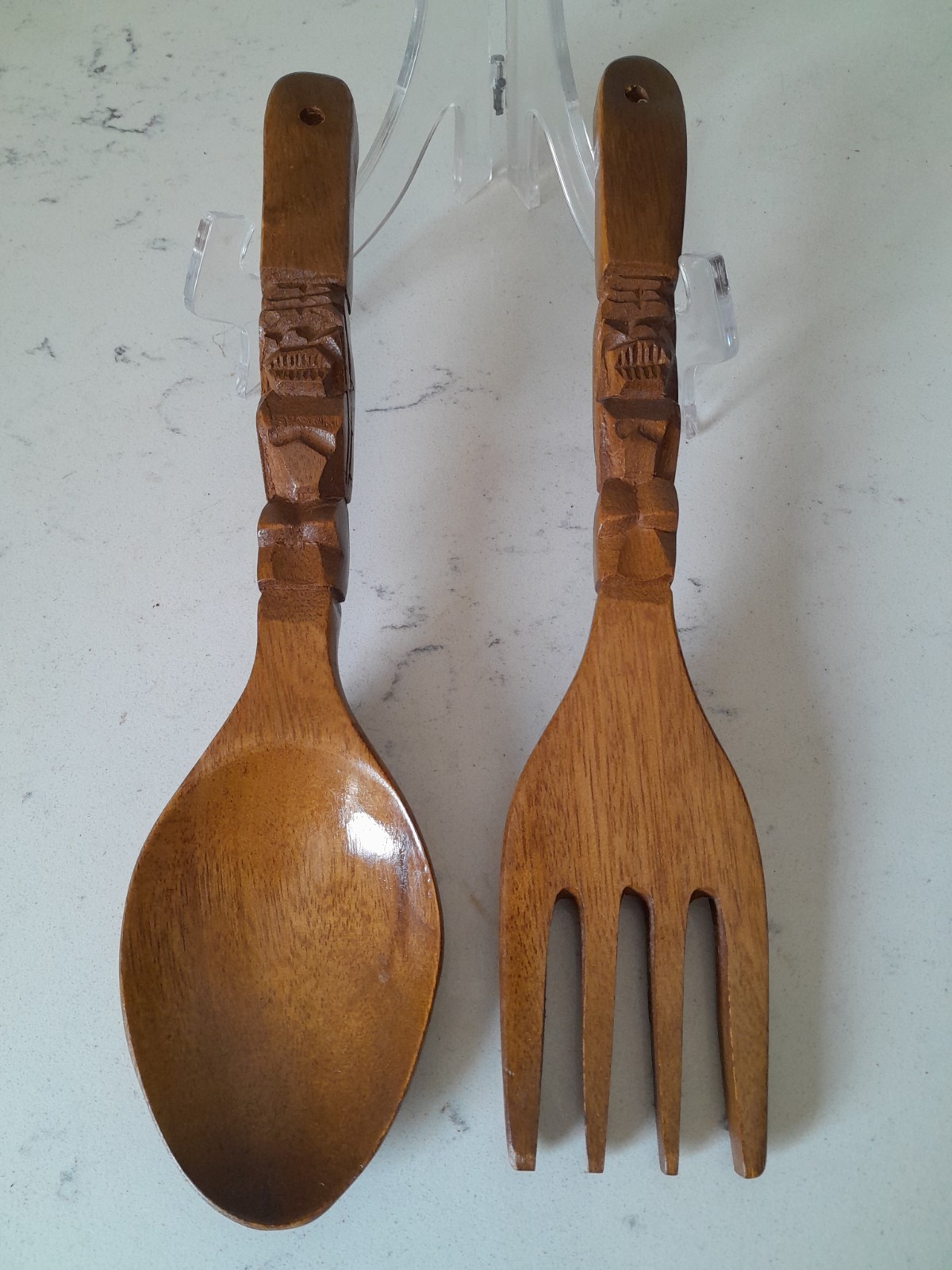 VTG Wood Carved Tiki Totem Pole Fork Spoon MCM Wall Hanging Kitchen Decor 12