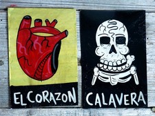 2 Tin Paintings Heart & Skeleton Day of the Dead Hand Painted Mexico Folk Art Sm