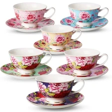 Tea Cups & Saucers Set of 6, Floral Porcelain 8oz, Rose, Mother's Day Gift
