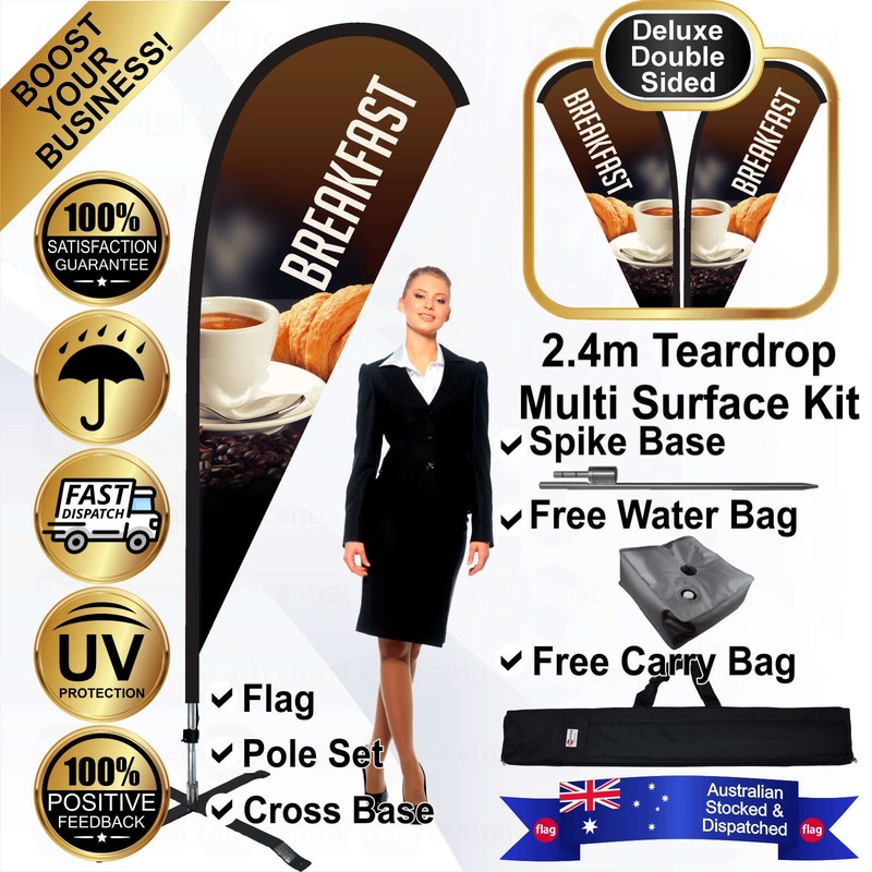 K - BREAKFAST Deluxe Double-Sided Brown 2.4m Teardrop Flag / Banner Kit with Pole Set, Galvanised Steel Ground Spike, Steel Outdoor Cross Base, Free 15kg Water Bag and a Free Carry Bag - 1