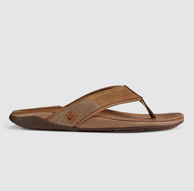 AUTH OluKai Tuahine Men's Waterproof Leather Sandals Toffee Comfort Flip Flops