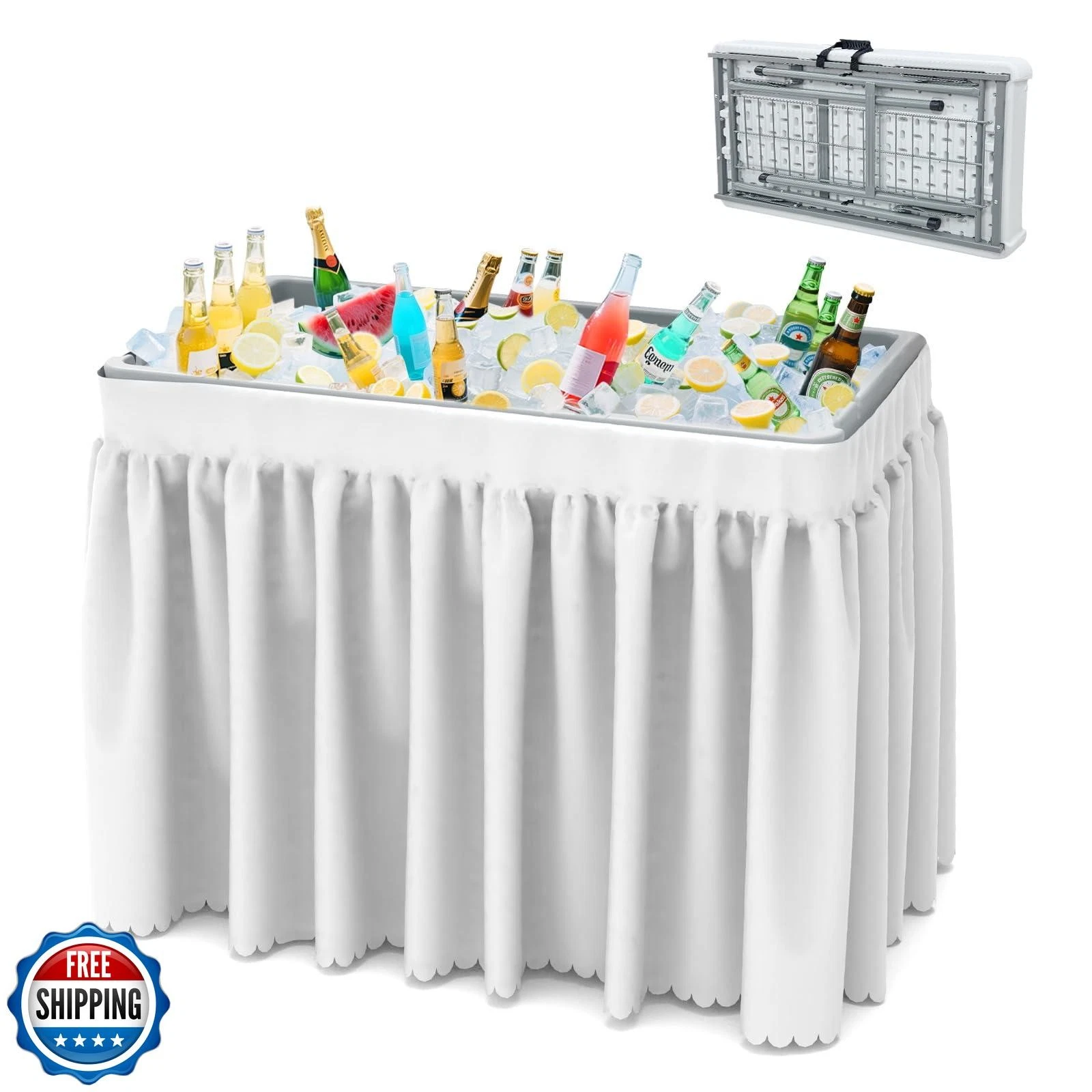 SHAREWIN Folding Ice Cooler Table, Skirt andDrain Hose Plastic Chill Table to