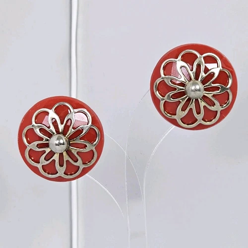 Red Flower Clip On Earrings Vintage Floral Design Costume Jewelry