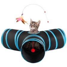 Collapsible 3-Way Cat Tunnel with Teaser Wand, Peek Holes Toy Ball