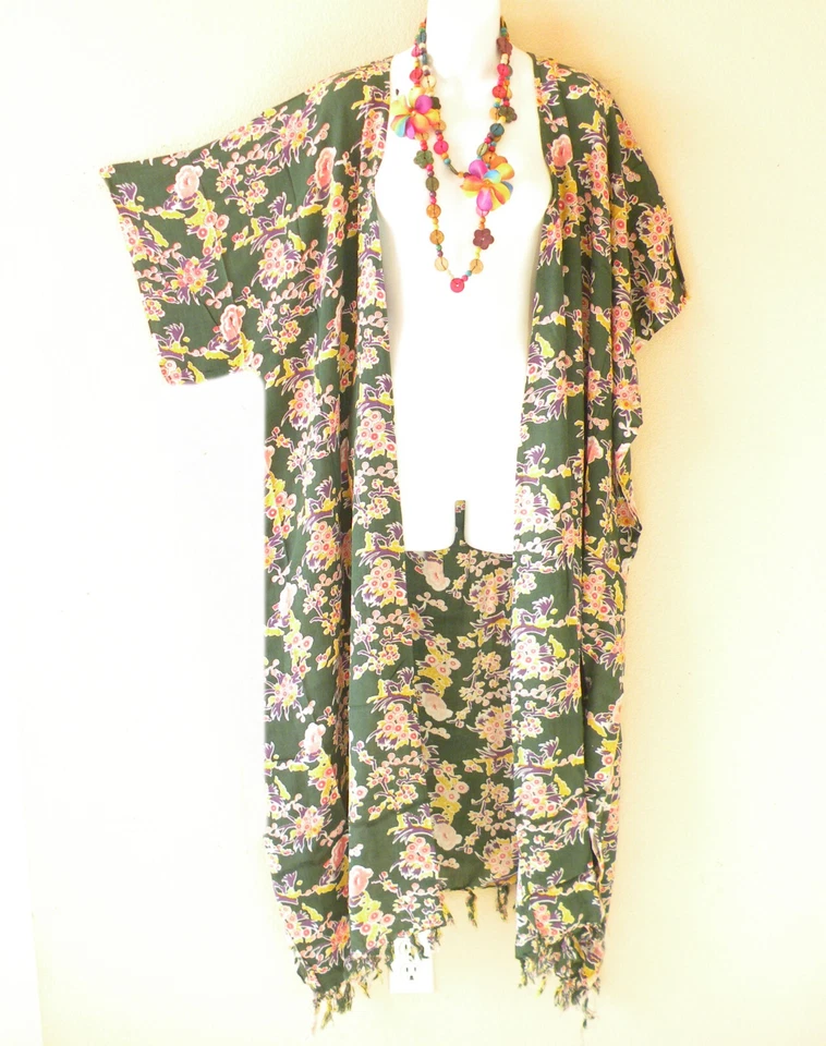 CD505 GreenFloral Women Rayon Batik Plus Size Open Duster Maxi Cardigan up to 5X