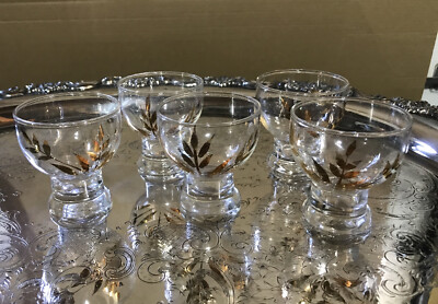Libbey Gold Foliage Cocktail Cordial Glasses MCM Barware Set of 5