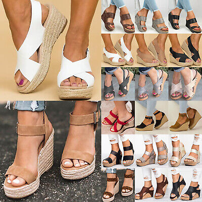 Women's Wedge High Heel Espadrilles Sandals Ankle Strap Casual Shoes Size 6-10.5