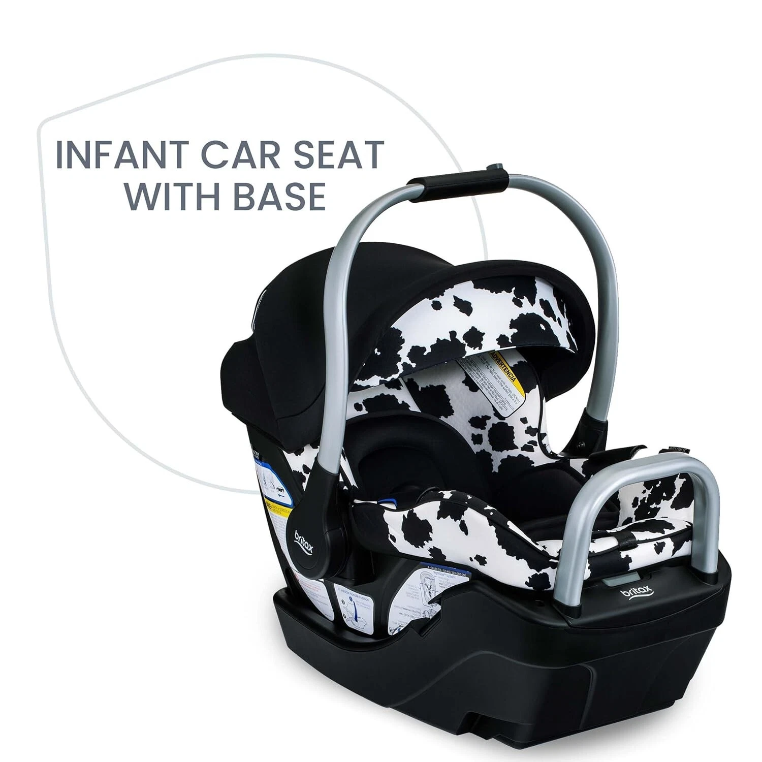 Black and white cow-print Britax Willow SC infant car seat with base, silver handle, and visible Britax logo.
