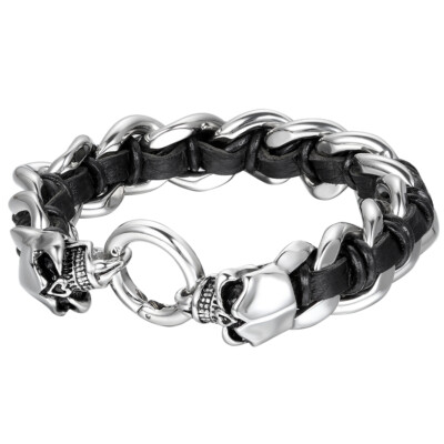 Men Stainless Steel Black Leather Bracelet Skull Clasp Link Chain Wristband 8.7''