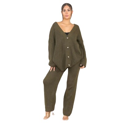 Women Chunky Knitted Button Up Cardigan Wide Leg Trousers Co