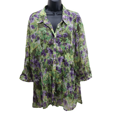Bexleys Women's Blouse Europe Sz 52 Green Purple Floral Sheer Shirt