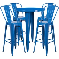 30'' Round Blue Metal Indoor-Outdoor Restaurant Bar Table Set w/4 Cafe Barstools
