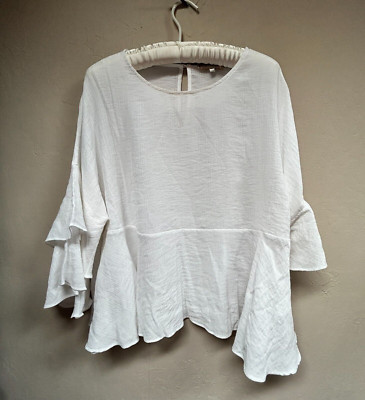 Anthropologie Eri + Ali Nokomis Women Ruffle Top Blouse Medium White 3/4 Sleeve