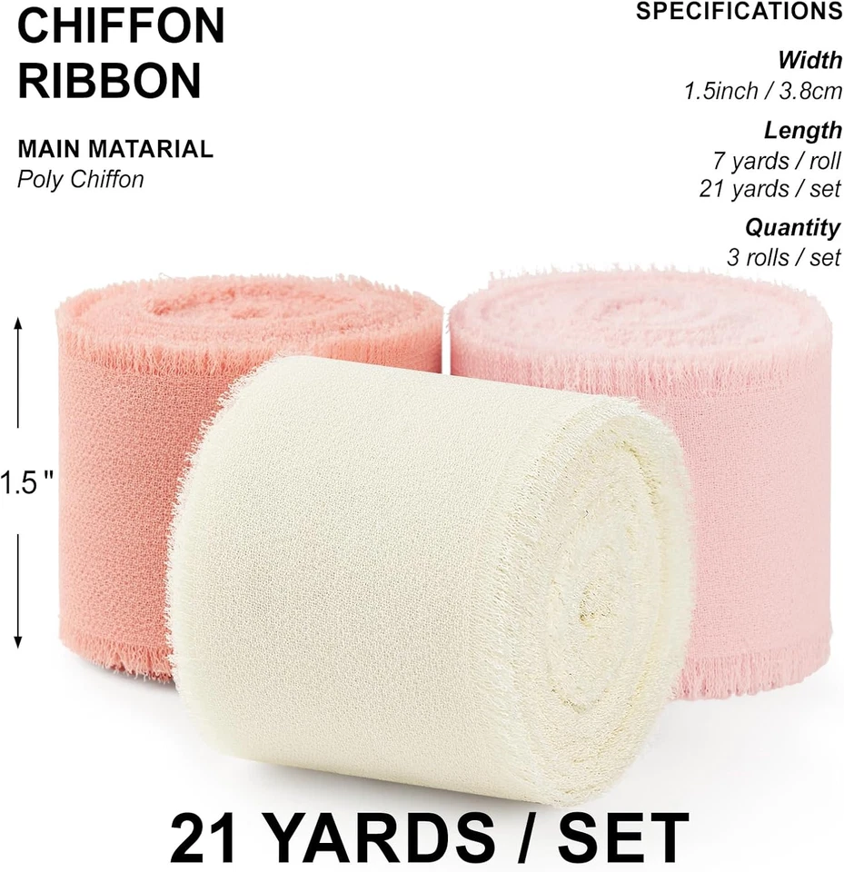 Chiffon Ribbon Pink & Ivory 1.5 Inch X 3 Rolls Total 21 Yards Handmade Silk Frin - Image 2 of 4