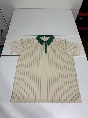 Fila BB1 Shirt Large Cream Green Striped Tennis Performance Polo Preppy Golf Y2K