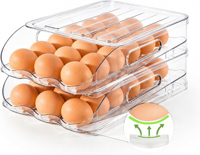 SMRCAD Egg Holder for Fridge, Automatic Steady Rolling Egg Dispenser with Silico