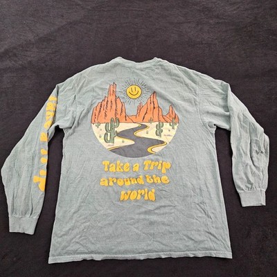 PacSun Take a Trip Around the World Green Long Sleeve Cotton T-Shirt Men's L