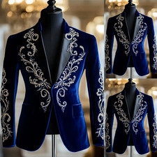 Velvet Men Suit Peak Lapel Royal Blue Prom Jacket Pants Embroidery Wedding 2Pcs