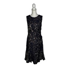 Eliza J Women's Navy Blue Tan Lace Peplum Hem Sleeveless Dress Size 10