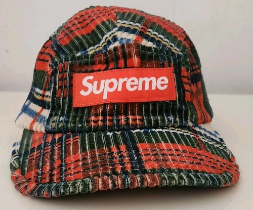 SS22 Supreme Corduroy Camp Cap Plaid Hat Box logo