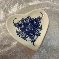 Vintage ZF Kolo Ceramic Heart Trinket Blue Painted Flowers  Handmade in Poland