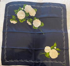 Vintage Chanel 100 Silk Scarf - Navy background with beautiful White Roses