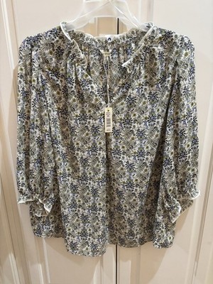 NWT Womens Max Studio Green Blue Floral Top Shirt Elasticized 3/4 Sleeve  Sz 2X