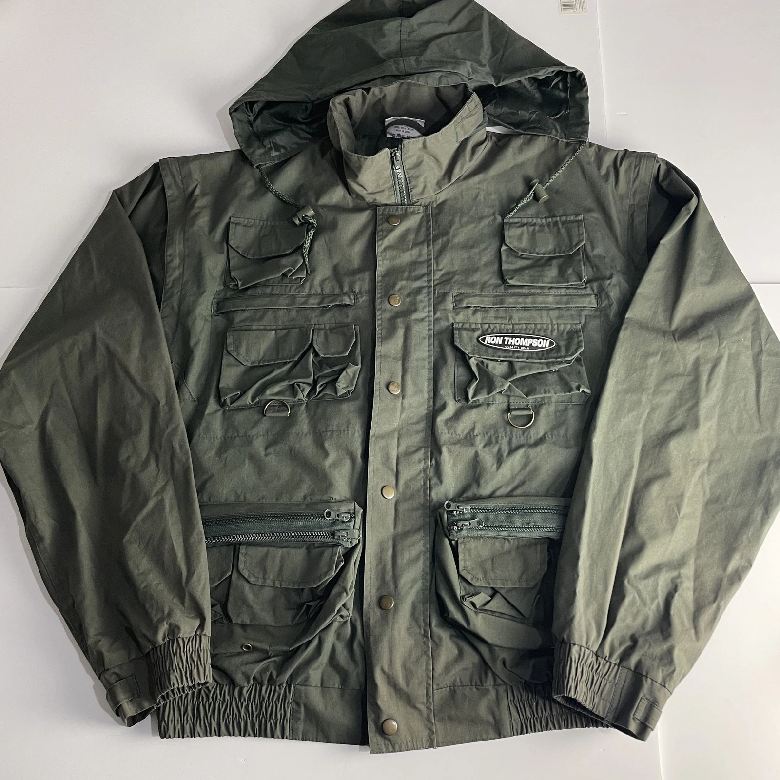 Ron Thompson Khaki Green Fishing Utility 2 in 1 Jacket Vest Hood Size XXL