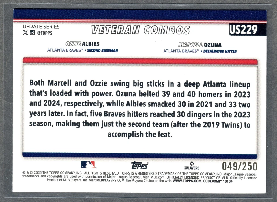 2025 Topps Update Ozzie Albies Marcell Ozuna Power in Pairs Purple Rainbow Foil - Image 2 of 2