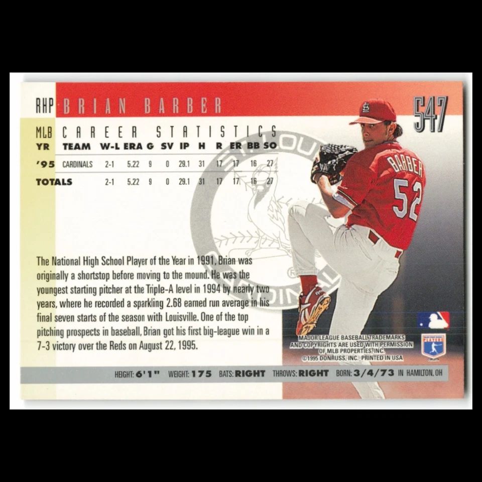Brian Barber #547 1996 Donruss St. Louis Cardinals Baseball Card MLB NM - Image 2 of 3