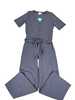 Hayden Los Angeles Women's Blue Striped Button Up Short Sleeve Jumpsuit - L