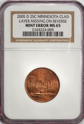 2005 D NGC MS65 Missing Clad Layer Minnesota Quarter Mint Error
