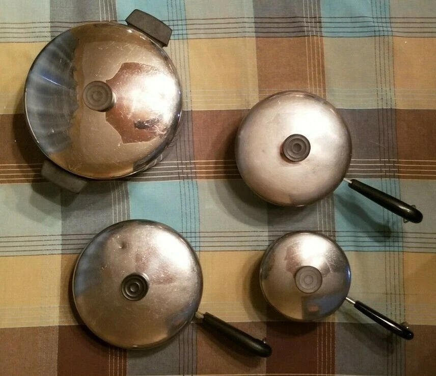 VTG Revere Ware Copper Bottom Stainless Steel 8 Pc Pot Pan Set w/Lids