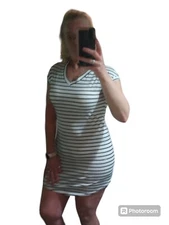 Striped V neck tee shirt dress with round hem