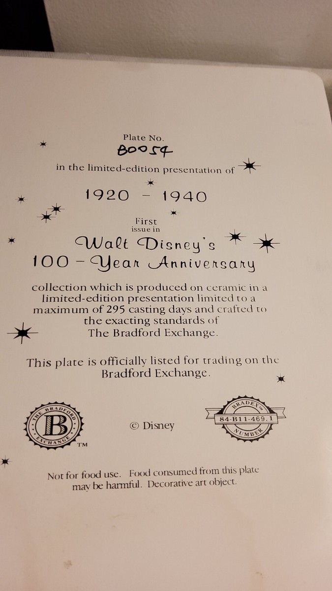 Vintage Walt Disney World 100 Yr. Anniversary 1920 -1940 Bradford