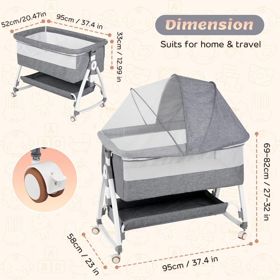 3-in-1 Baby Bassinet Adjustable Height Bedside Crib w/ Net & Storage Basket Grey - image 2 of 4
