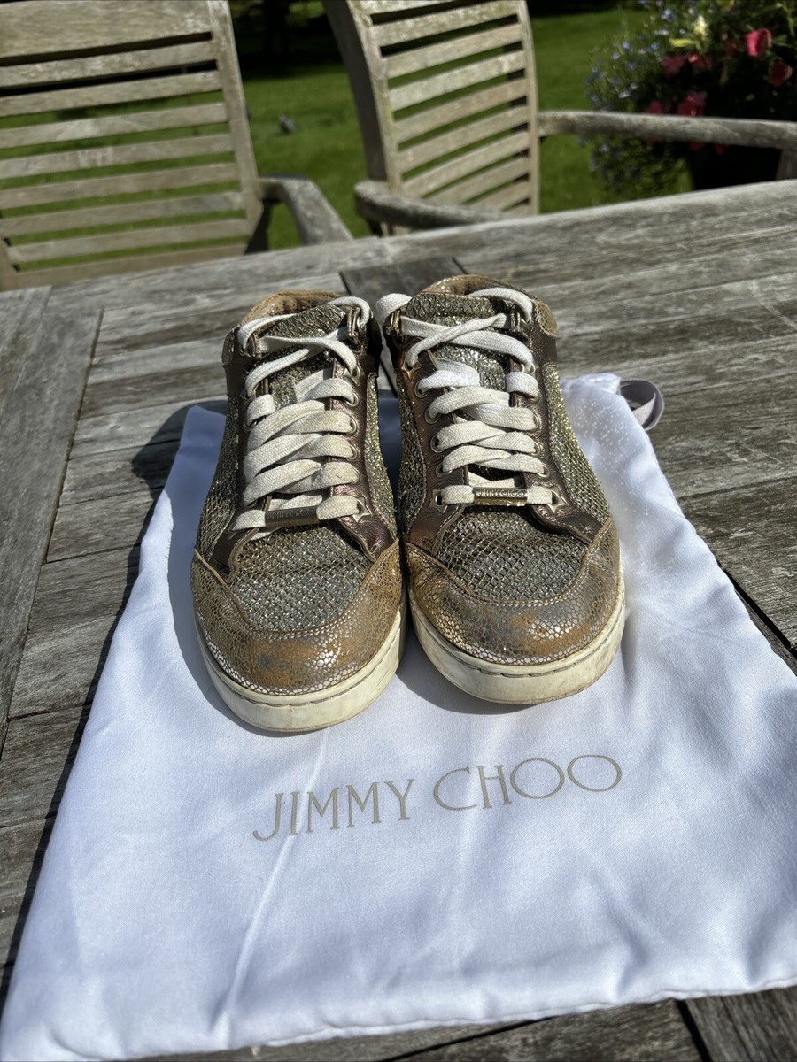 Jimmy Choo Genuine Miami Trainers Champagne Gold Shoes Size UK