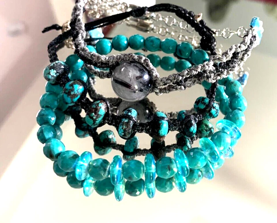 Три браслета ручной работы Artisan Macramé с бисером, турмалиновый кварц, бирюза - Изображение 2 из 4