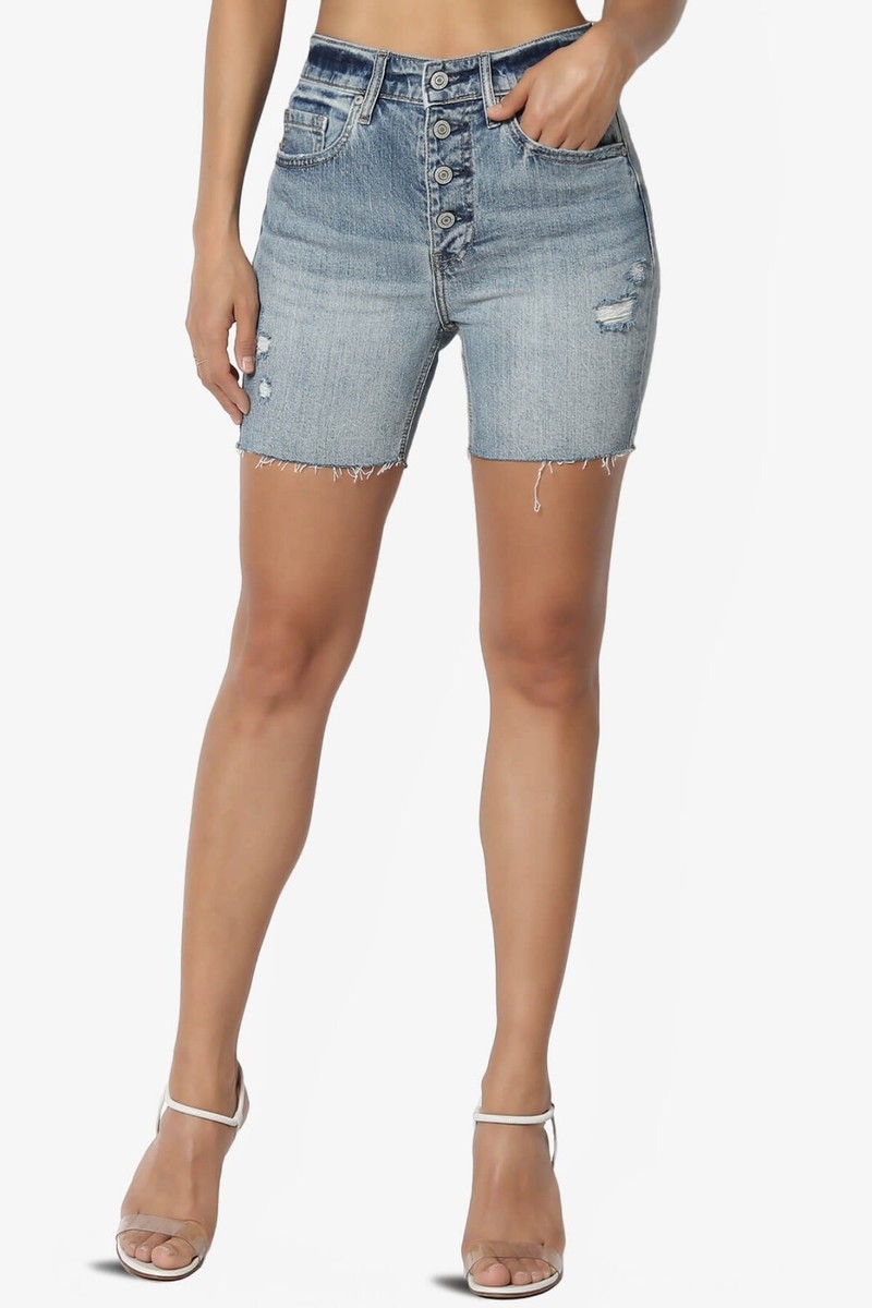 Women's Button High Rise Mid Thigh Stretch Denim Skinny Jean