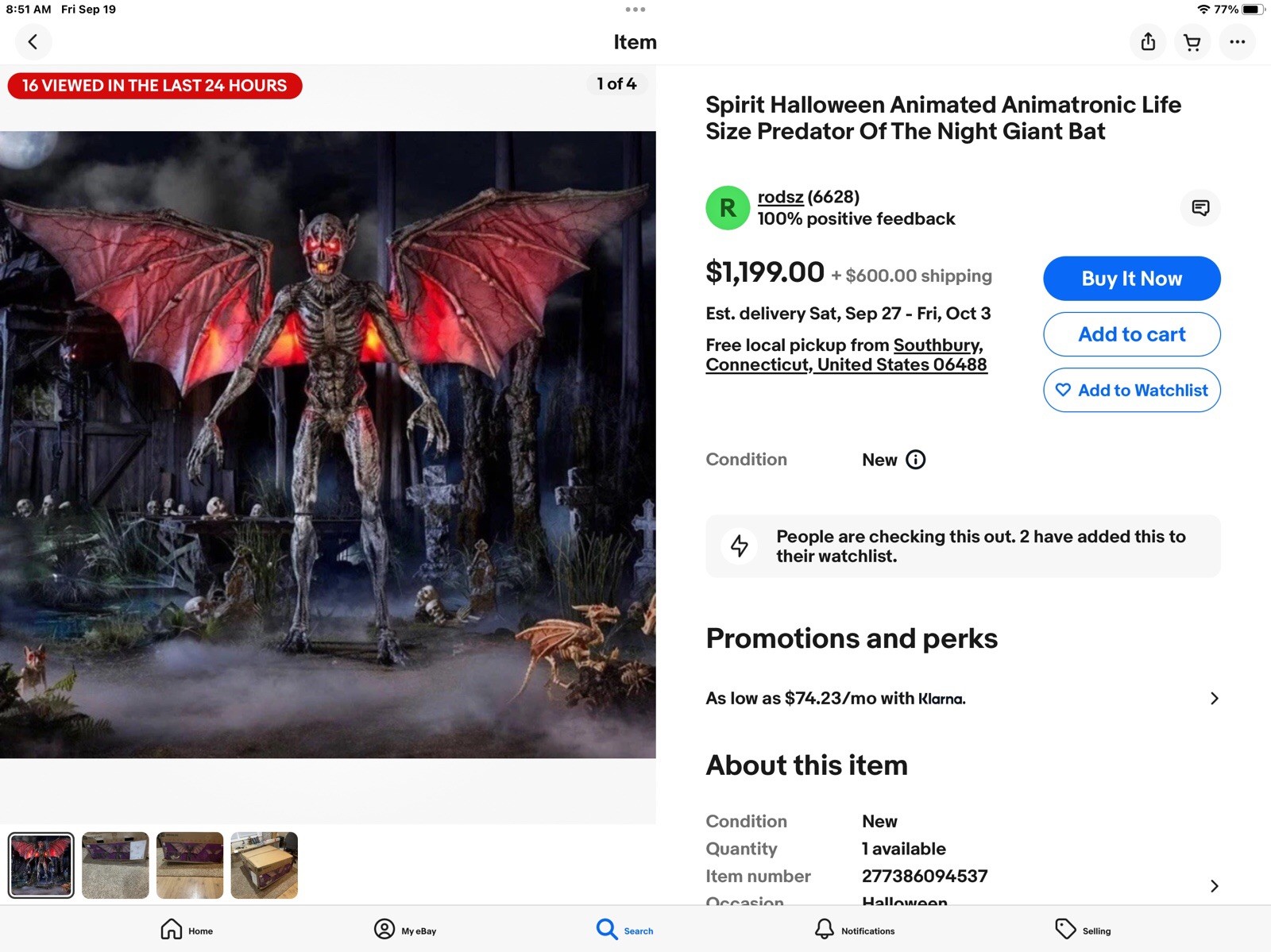 Spirit Halloween Animated Animatronic Life Size Predator Of The Night Giant Bat