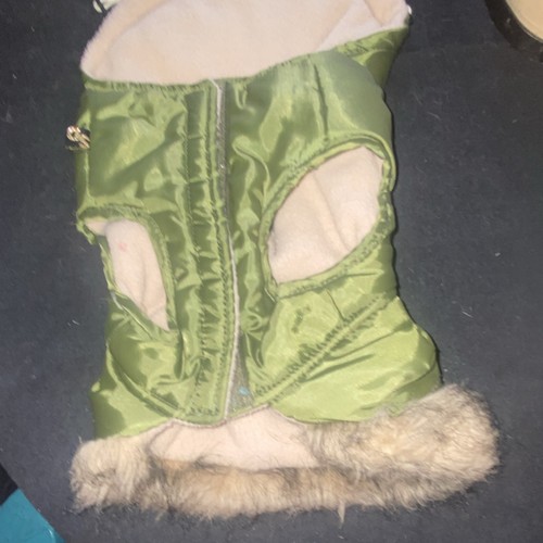 Green Winter Dog Coat Jacket with Fur Trim Skull & Crossbones Polyester