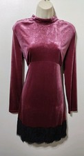 Blue Vanilla Rose Pink Velvet Dress L 14 long sleeve retro lace trim high neck