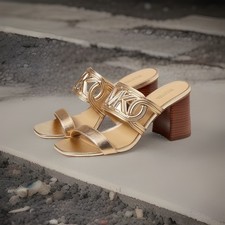 Michael Kors Alma Mid Block Heel Slide Sandal Metallic Leather pale Gold Sz 11 M